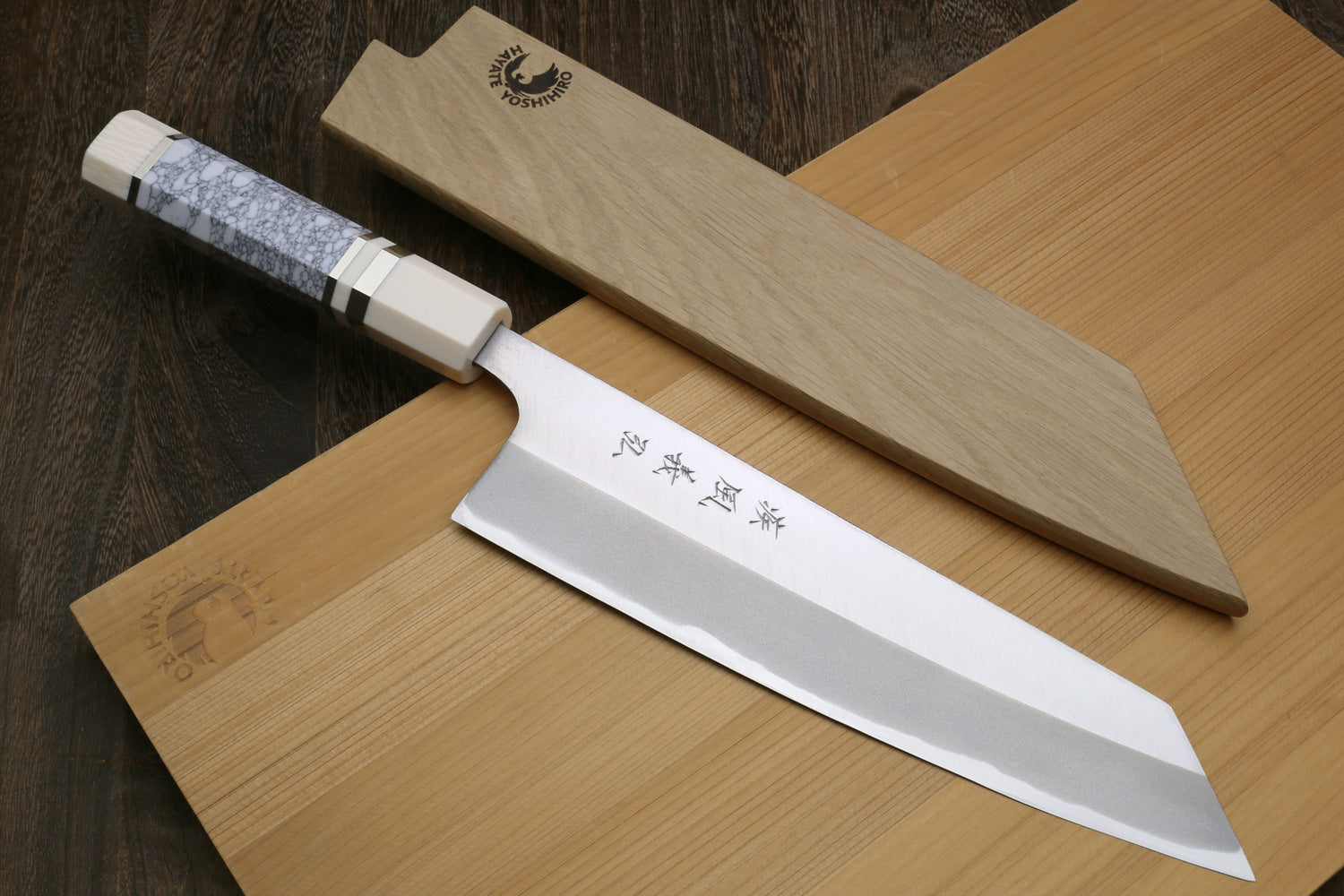 Japanese chef knife, silver blade with white howlite handle and ivory bolster
