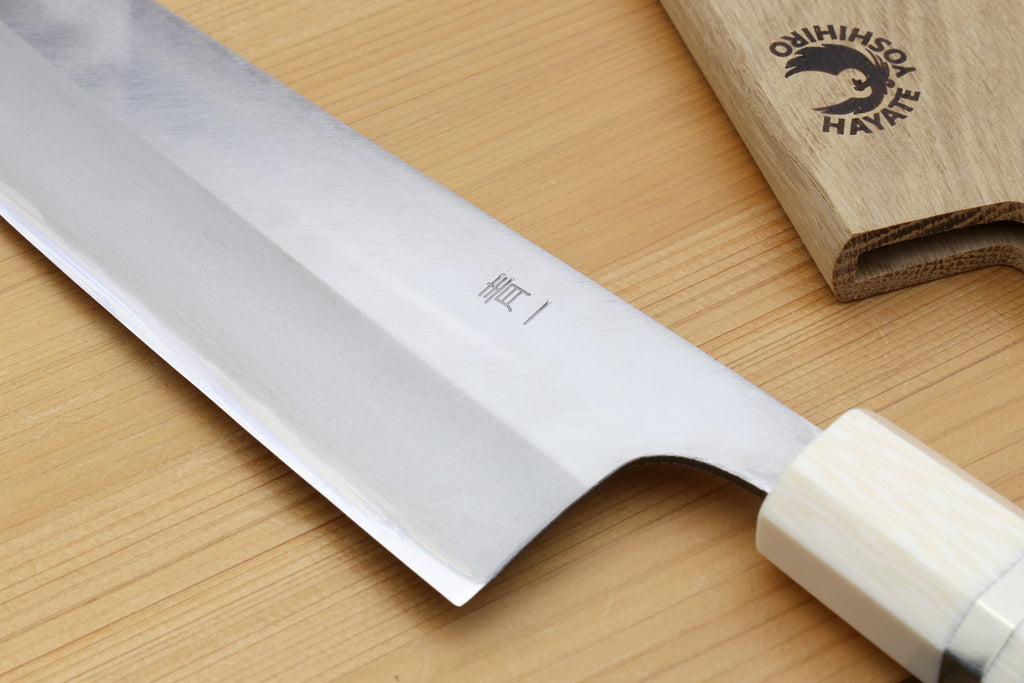 Japanese chef knife, tapered silver blade and white howlite handle