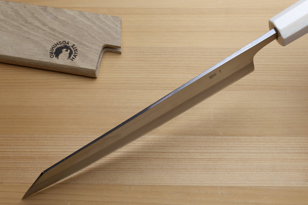 Japanese chef knife, side profile silver blade with etched logo