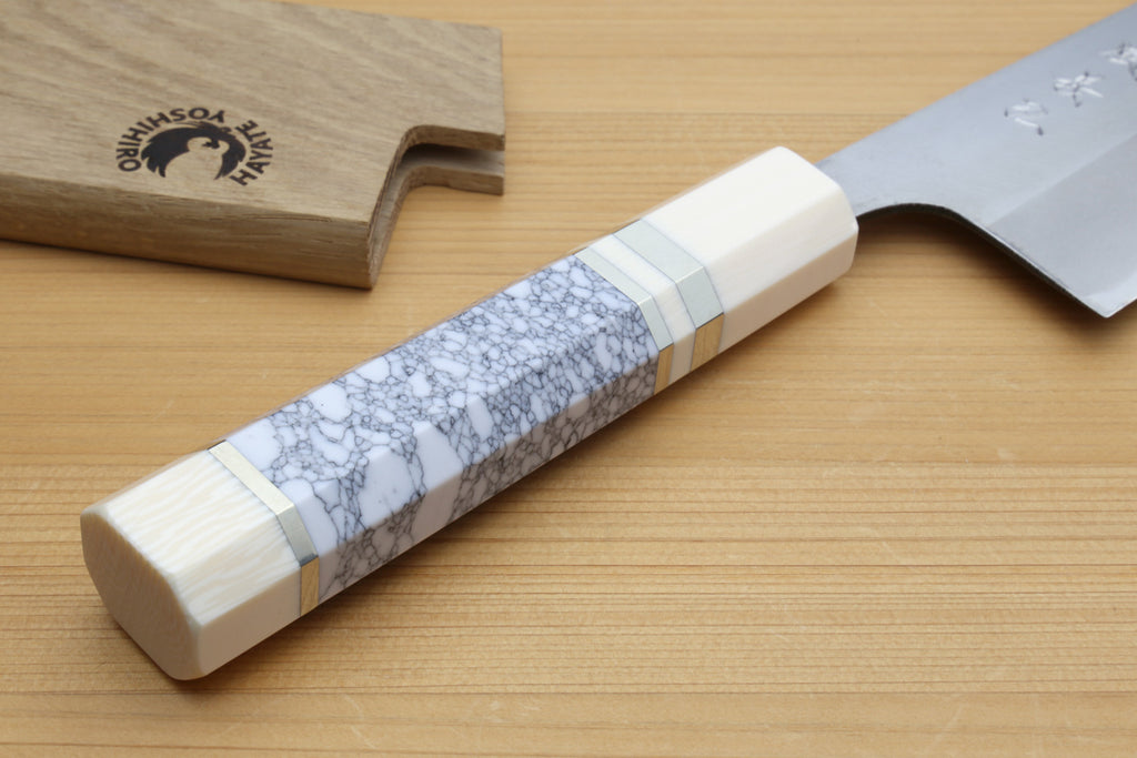 Japanese chef knife, white howlite handle with ivory bolster and silver blade