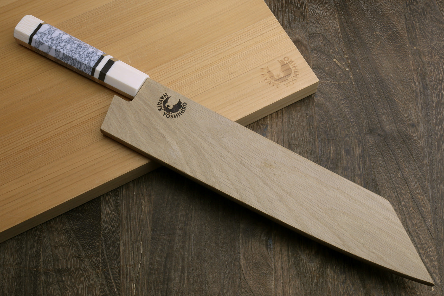 Japanese chef knife, long silver blade with textured white howlite handle