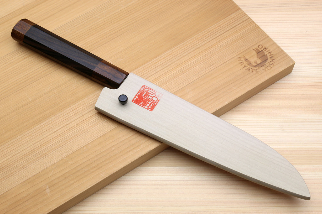 Petty utility knife with ebony handle and kurouchi blade, with saya cover