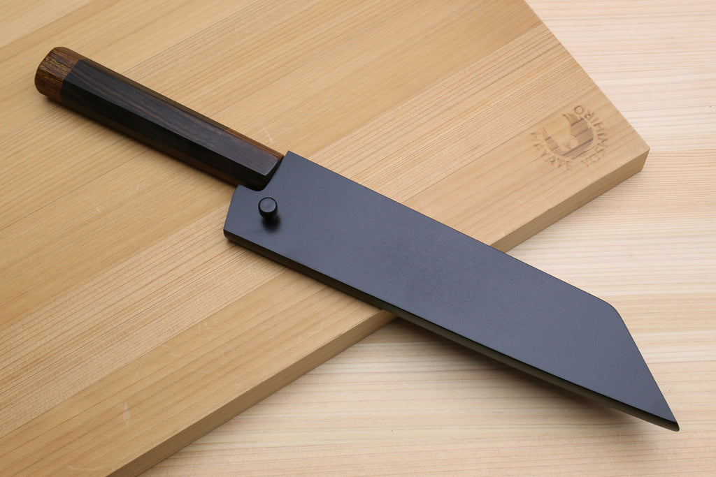 Utility knife with dark blade and ebony handle, shown with sheath cover
