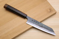 Utility knife with kurouchi-finished blade and ebony handle, shown with saya cover