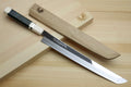 Sakimaru sushi slicer knife with mirror-polished steel blade, dark blue handle, wood saya set