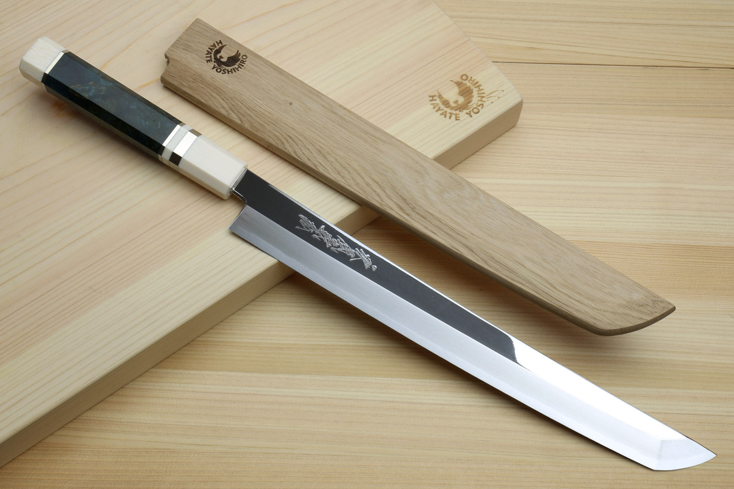 Sakimaru sushi slicer knife with mirror-polished steel blade, dark blue handle, wood saya set