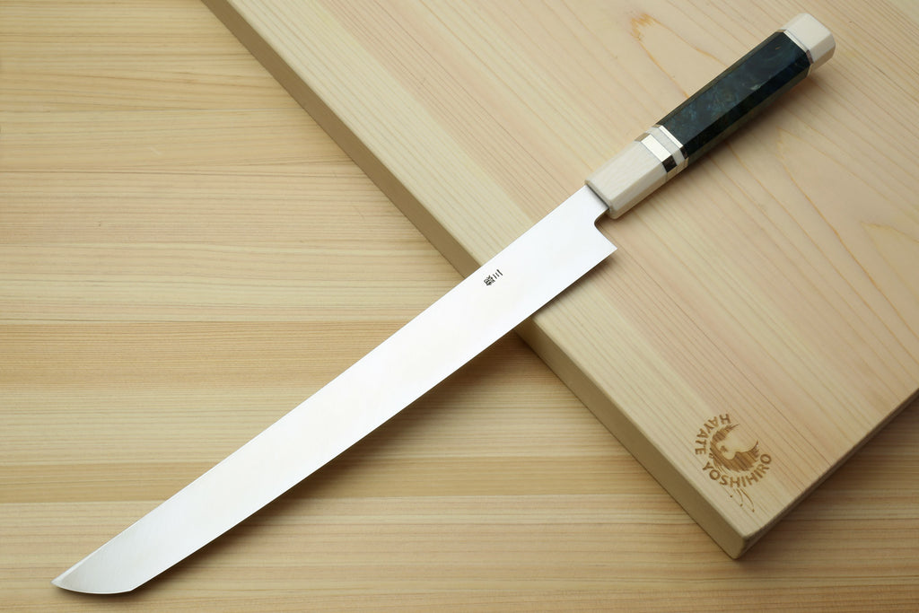Sakimaru sushi slicer knife with mirror-polished steel blade, dark blue handle, ivory bolster