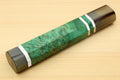 Green stabilized maple burl knife handle with horn bolster and white stripe wrap