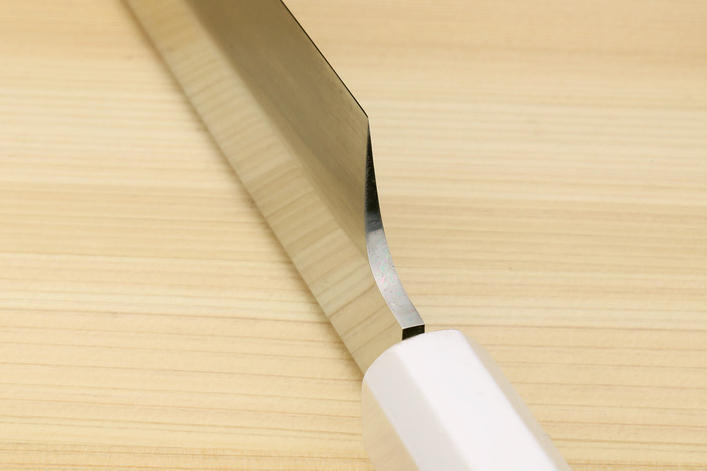 Japanese yanagi sushi knife tip and spine detail, steel blade with ebony handle end