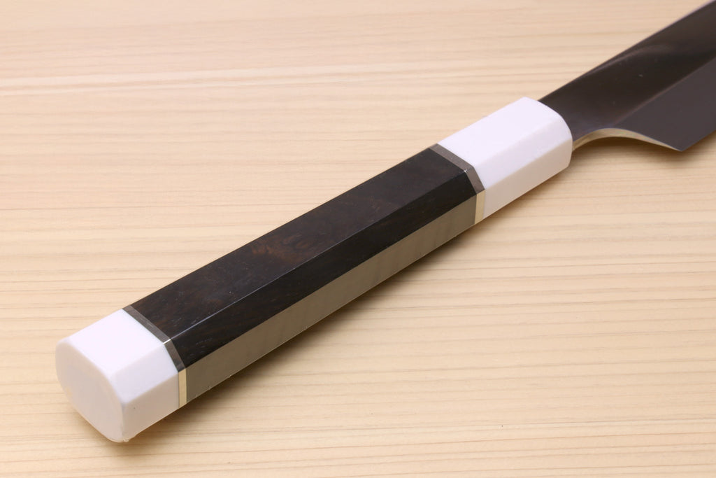Japanese sushi knife handle with dark ebony grip, white spacer, and silver ring