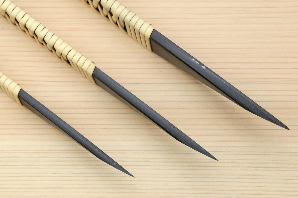 Kiridashi utility knives with beige braided handles and dark gray blades