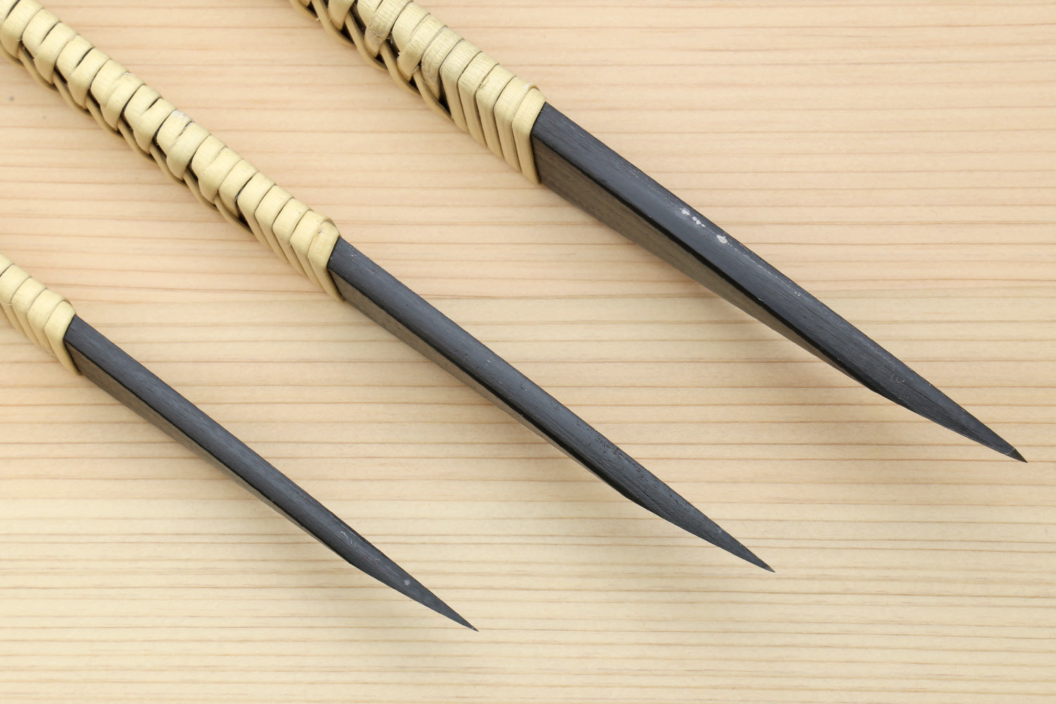 Kiridashi utility knives with beige braided handles and dark gray blades