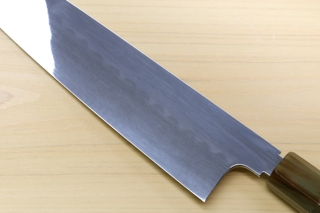 Gyuto chef knife with mirror-polished steel blade and dark wooden handle