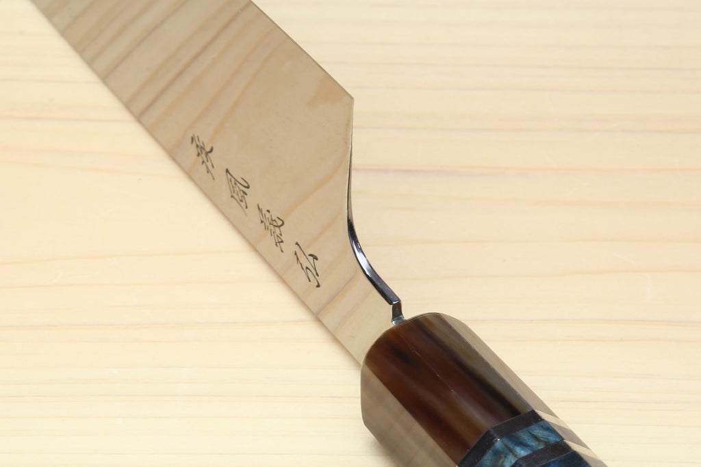 Gyuto chef knife blade base with dark wooden handle