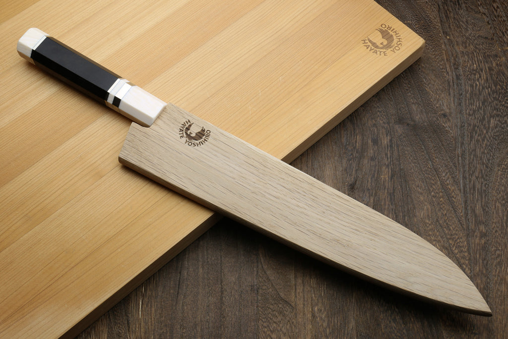 Gyuto chef knife with hammered blade, ebony wood handle, ivory bolster and logo