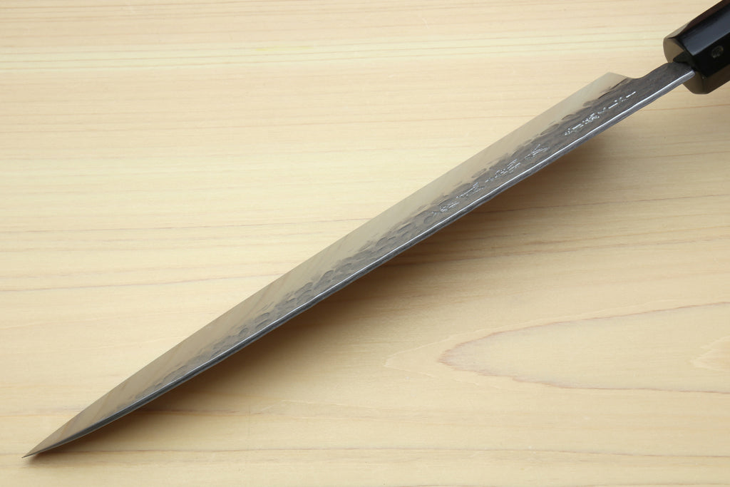 Hammered stainless gyuto chef's knife side profile with ebony handle