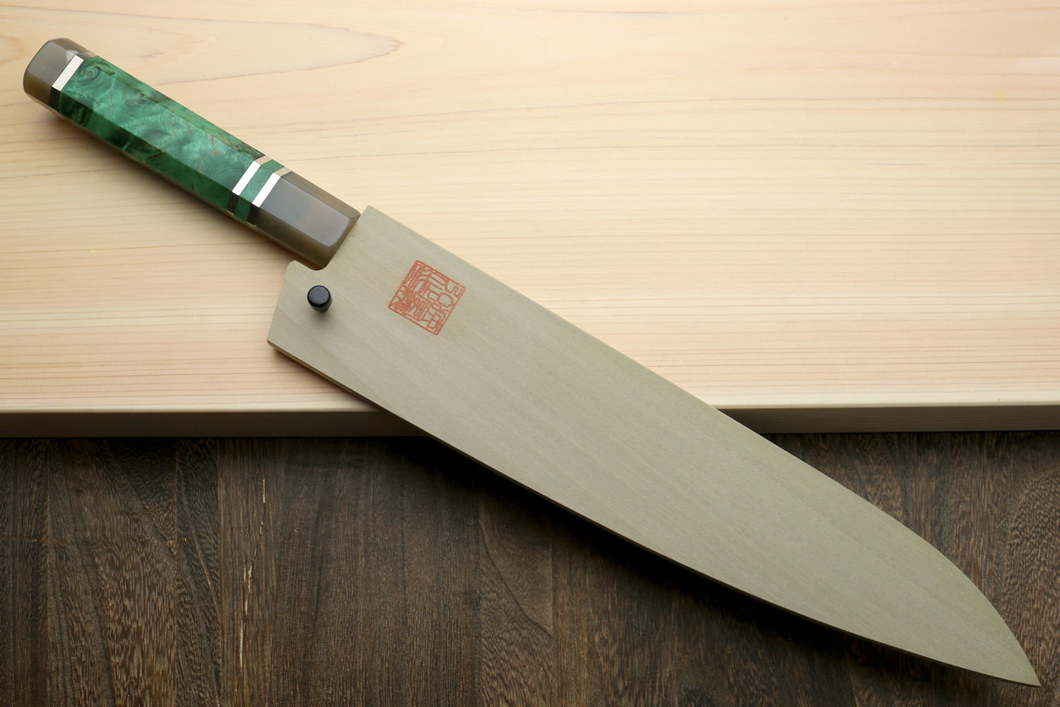 Gyuto chef knife with saya cover, stainless blade and green stabilised handle