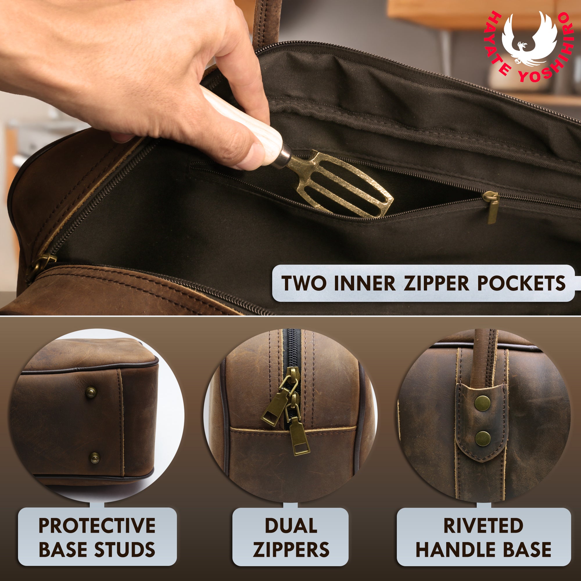 Brown leather knife bag showing dual inner zip pockets and riveted handle base