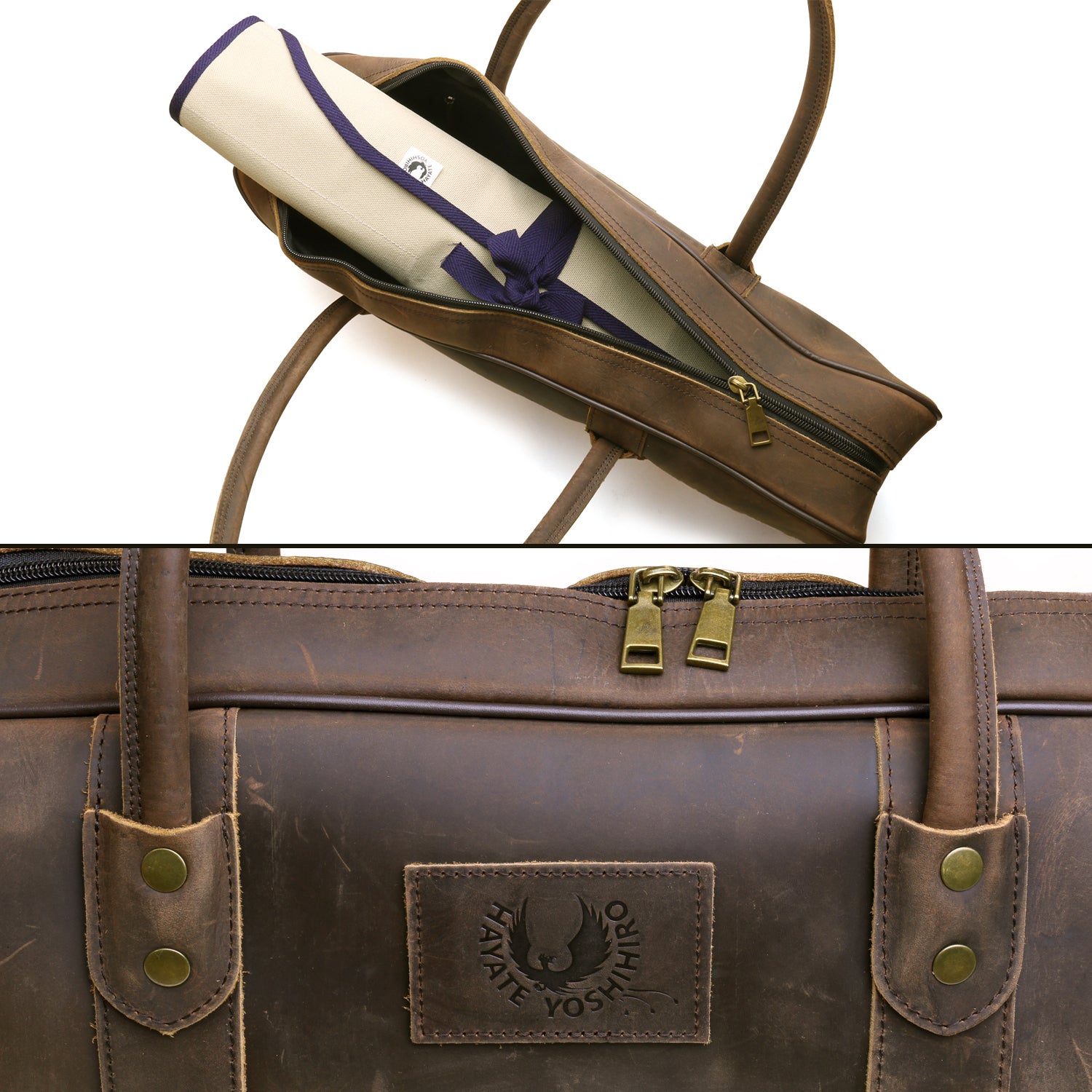Brown leather knife bag side view with emblem patch and two carry handles