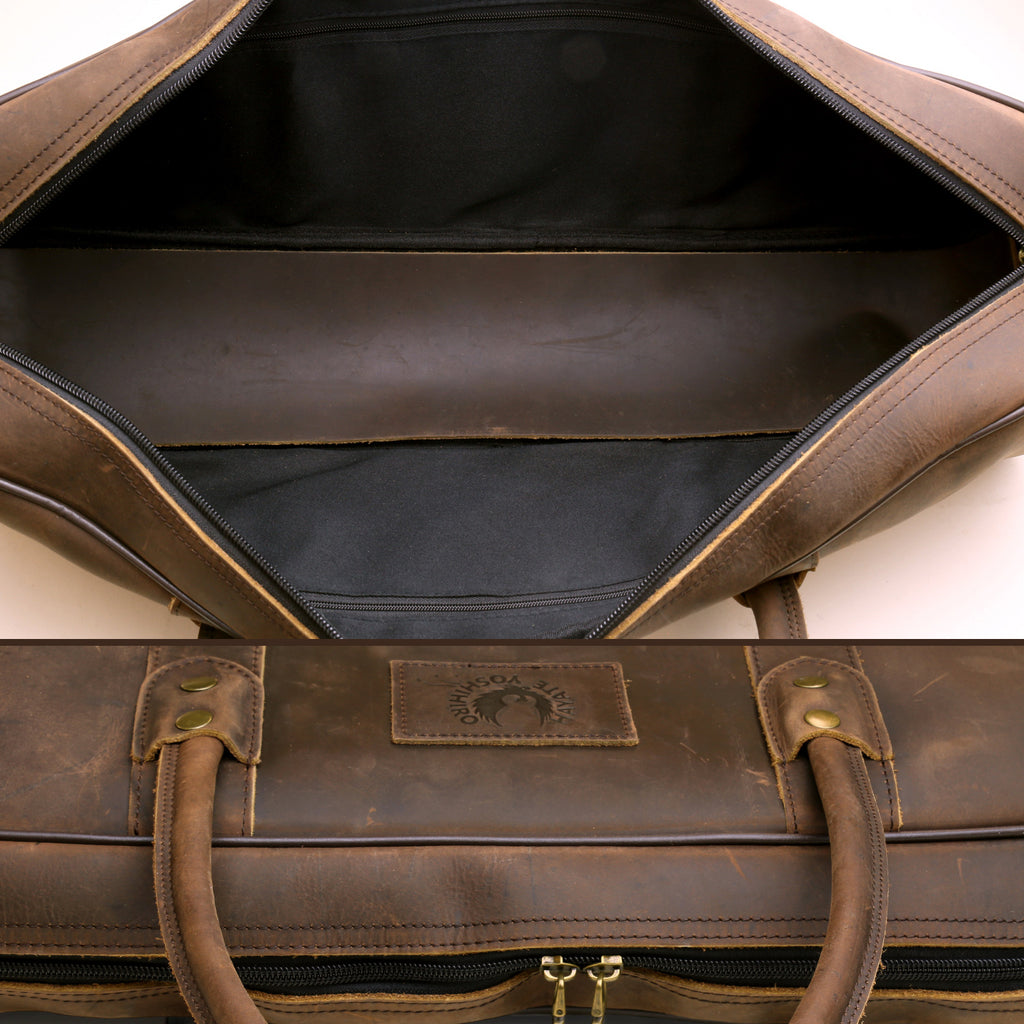 Open brown leather knife bag interior with zip opening and double handle straps