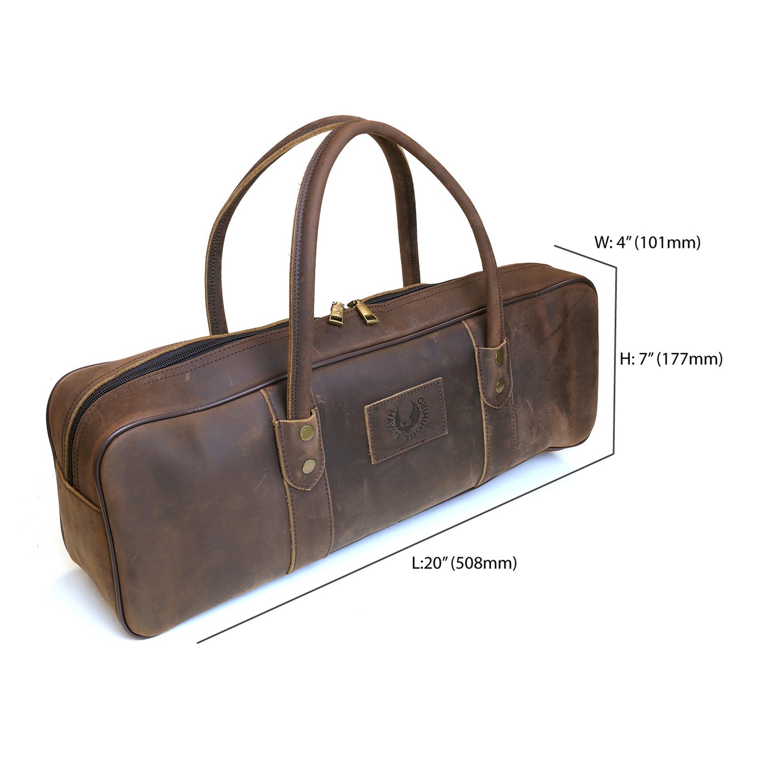 Brown leather knife bag with carry handles, front emblem patch, and zip top