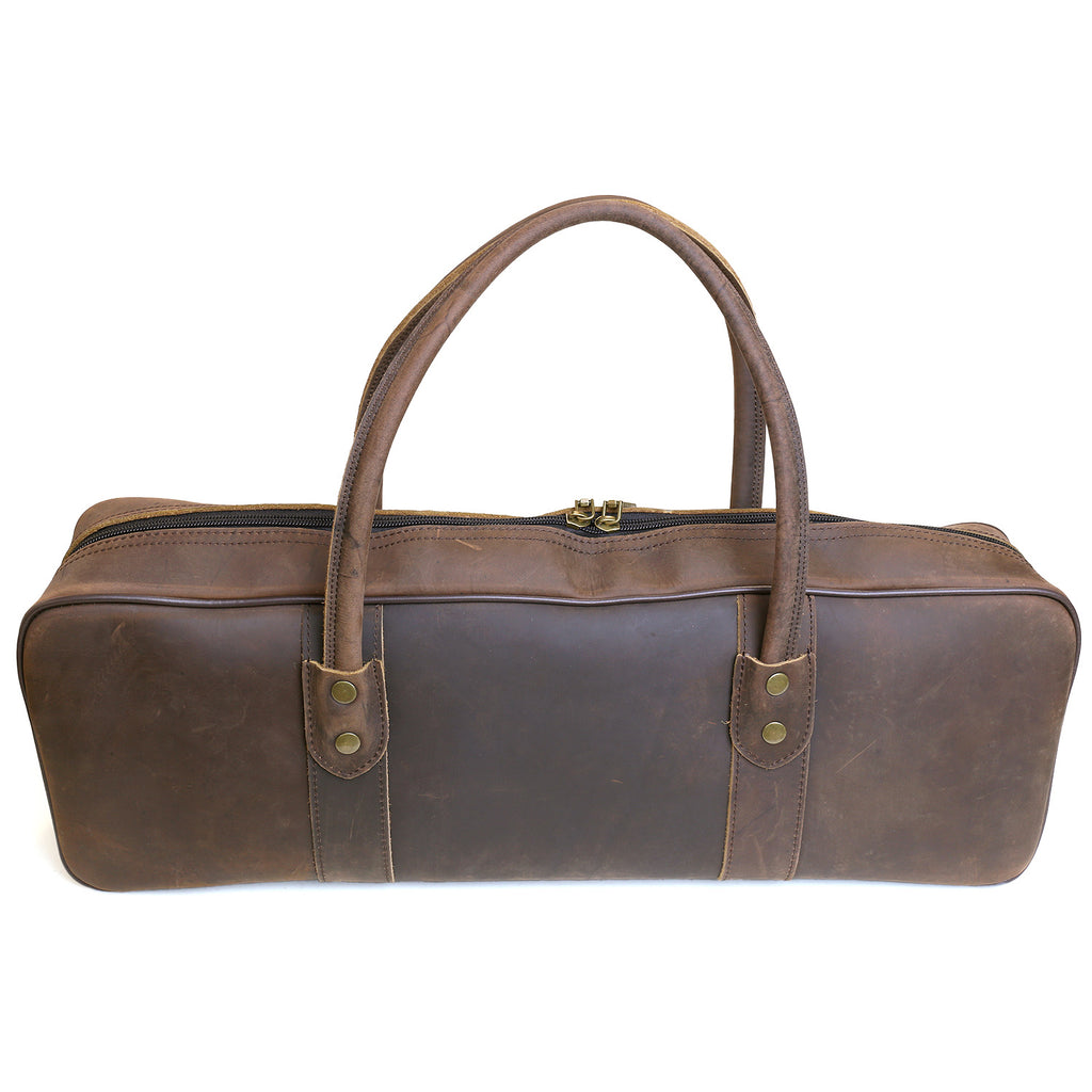 Brown leather knife bag with two top handles and stitched center panels