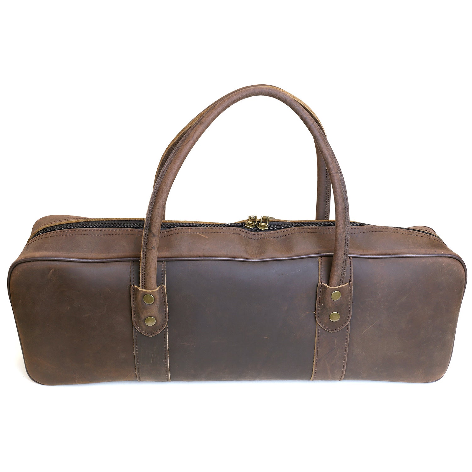 Brown leather knife bag with two top handles and stitched center panels