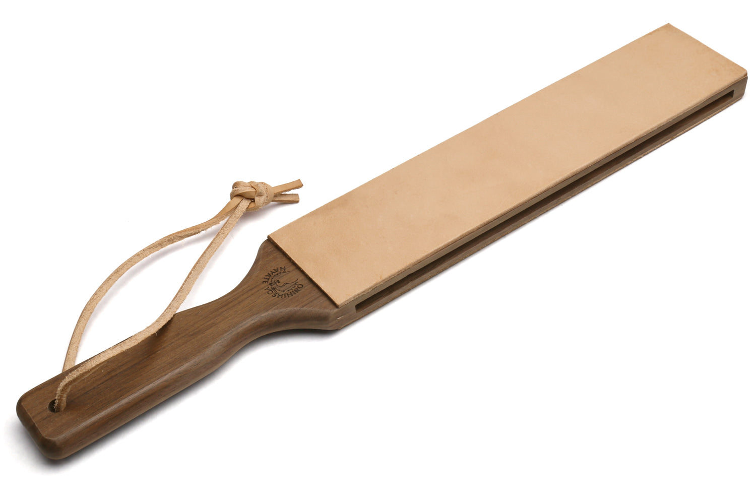 Two-sided leather strop with wooden handle and hanging cord, light tan leather.