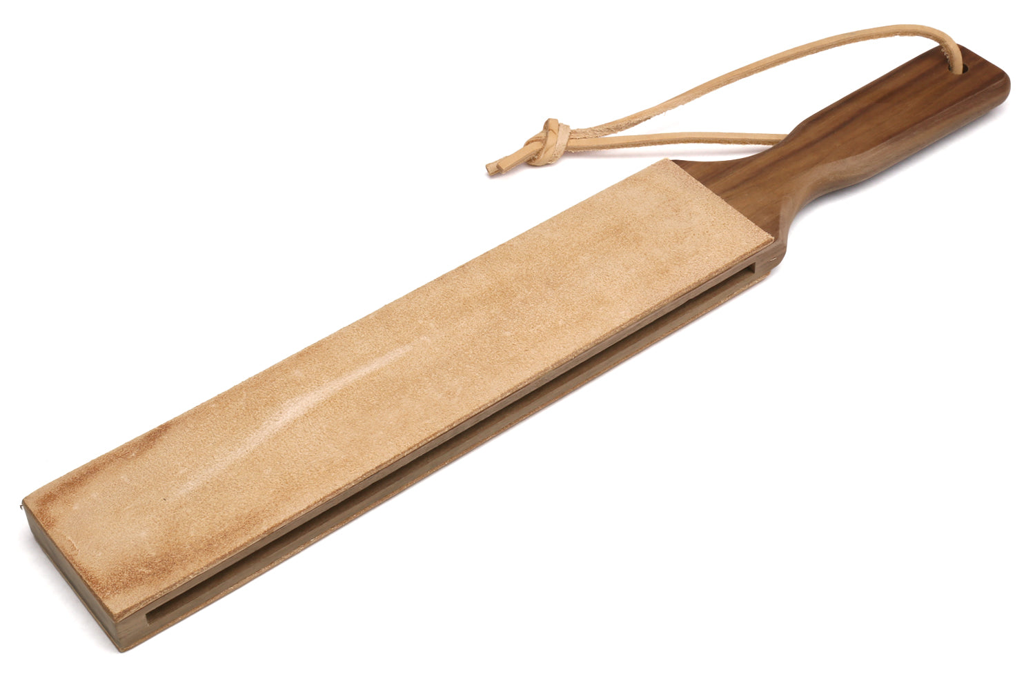 Two-sided leather strop with tan leather, wooden handle, and cord loop.