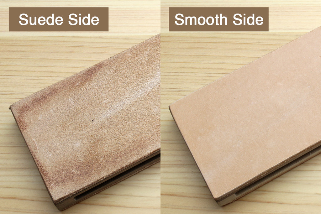 Two-sided leather strop showing suede side and smooth side in tan leather.