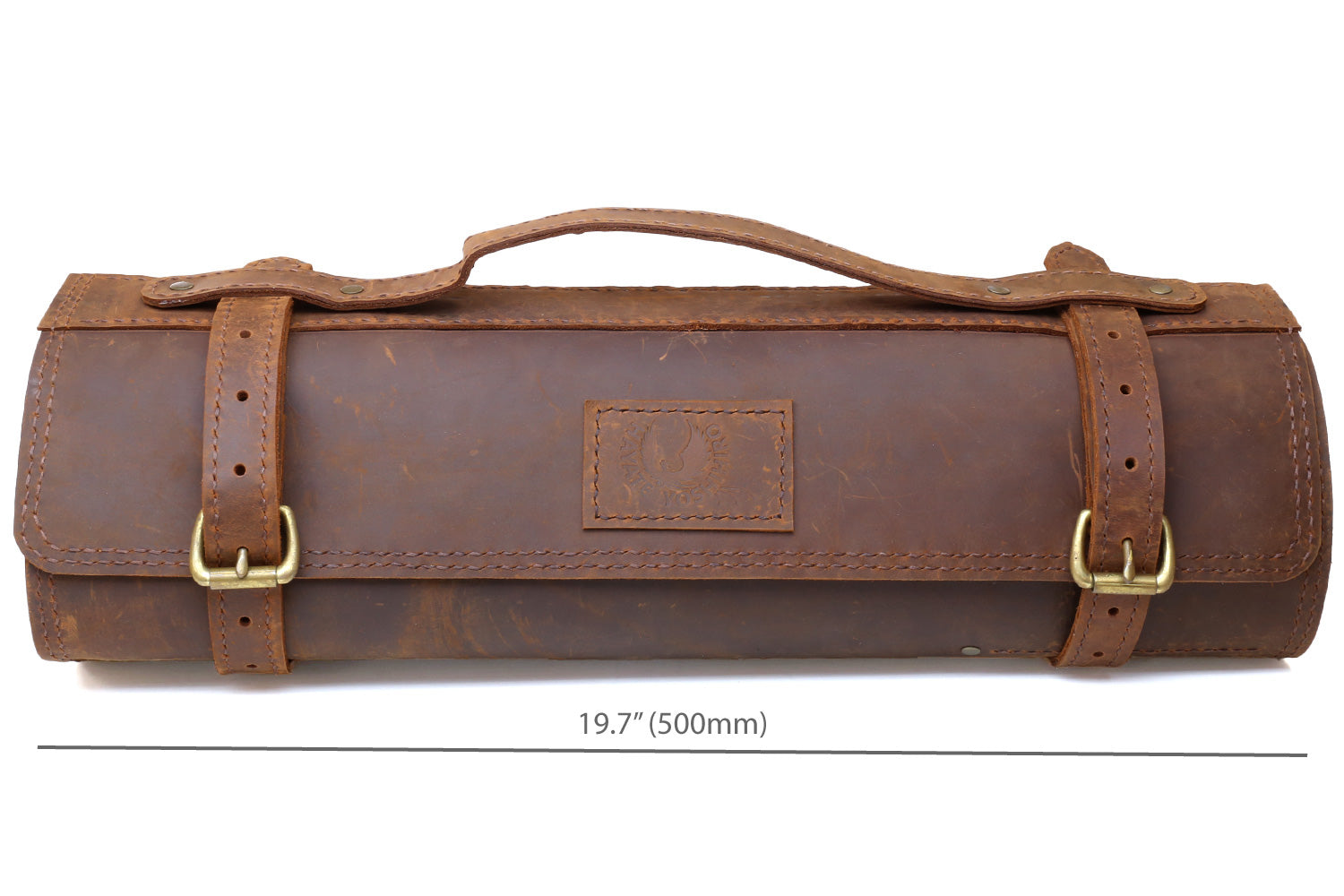 Brown leather knife roll case with carry handle and front strap buckles