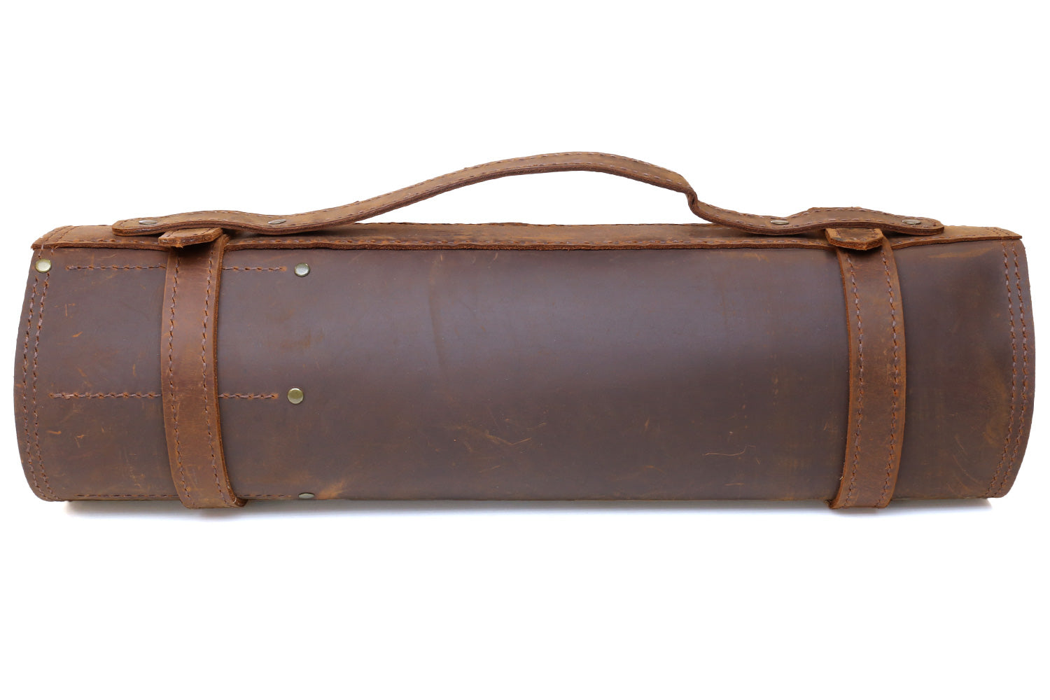 Brown leather knife storage roll with carry handle and side closure straps