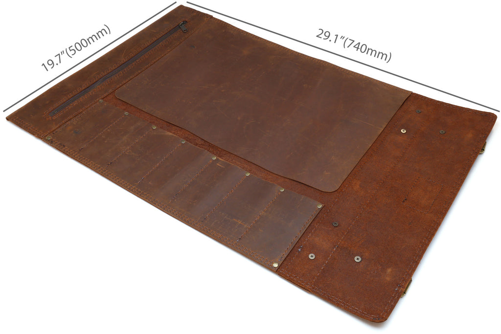 Brown leather knife roll case laid open with three long interior pockets