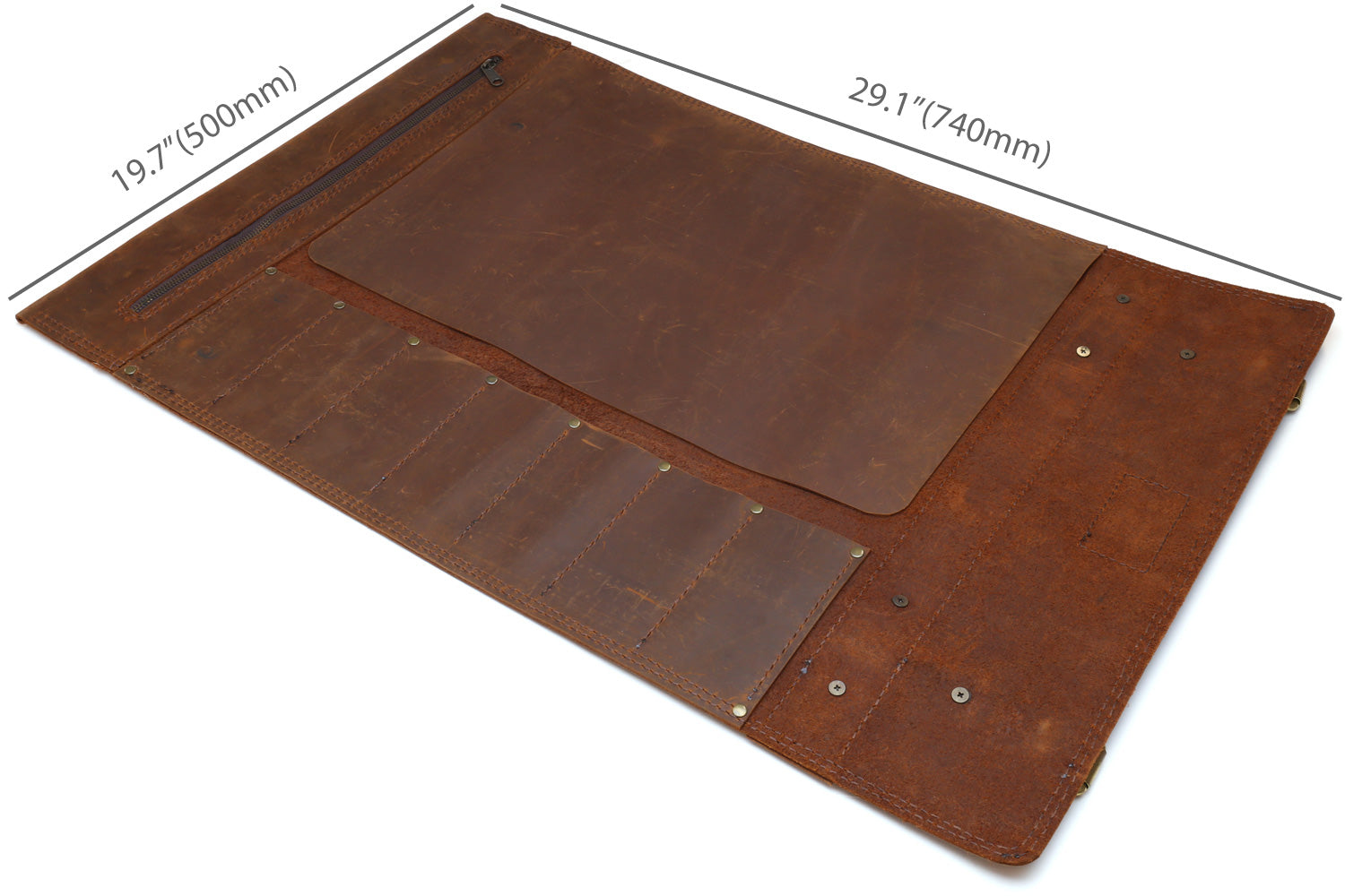 Brown leather knife roll case laid open with three long interior pockets