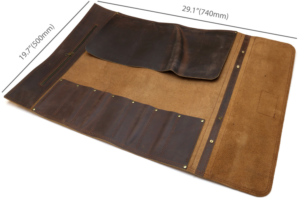 Brown leather knife roll case laid flat with interior compartments and snap buttons.