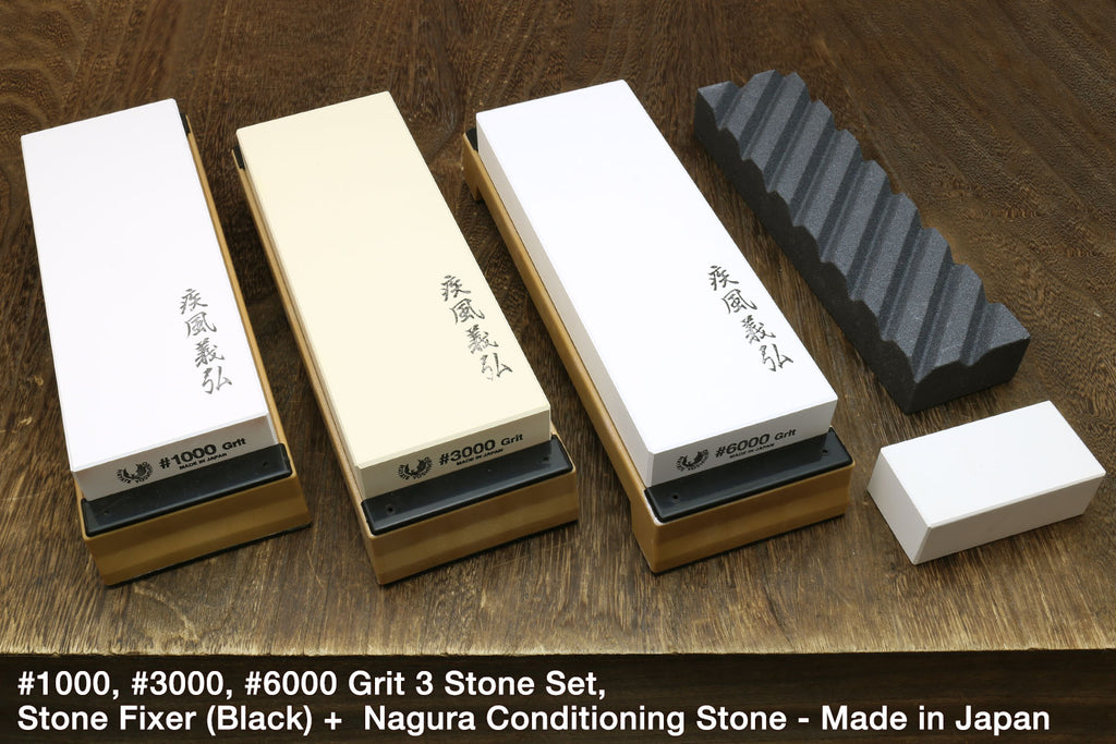 3-stone whetstone set with three rectangular stones and base, plus fixer and nagura