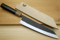 Kiritsuke chef knife with wooden saya cover, dark handle and hammered black blade