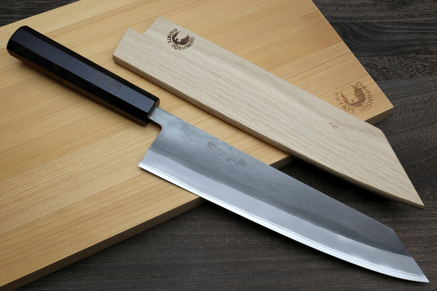 Kiritsuke chef knife with ebony handle and wooden saya cover, blue-gray blade