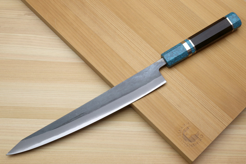 Sujihiki slicer knife with turquoise handle and pointed stainless blade
