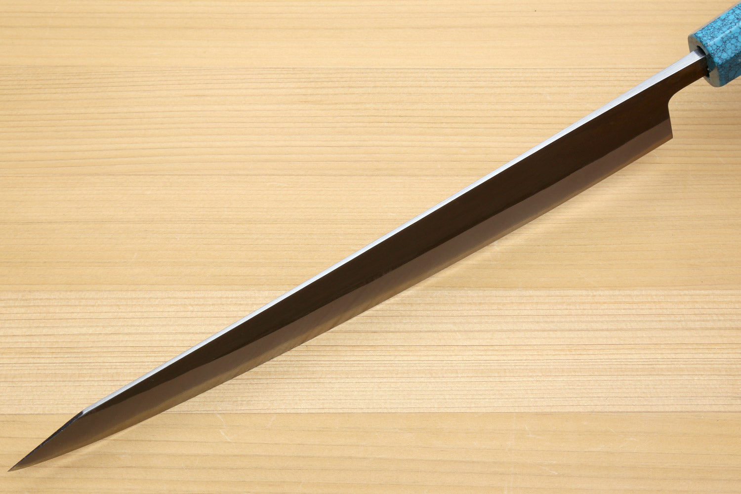 Sujihiki knife blade with pointed tip and dark steel finish