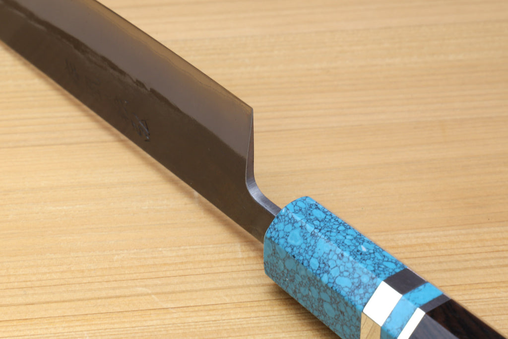 Sujihiki knife with turquoise blue handle and dark steel blade