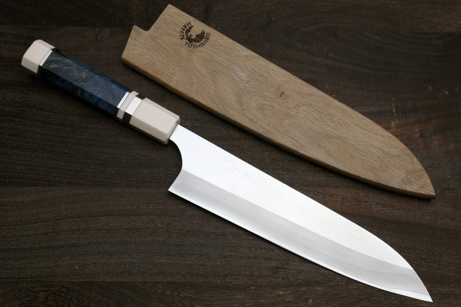 210mm stainless steel gyuto chef knife with ocean blue handle and ivory bolster