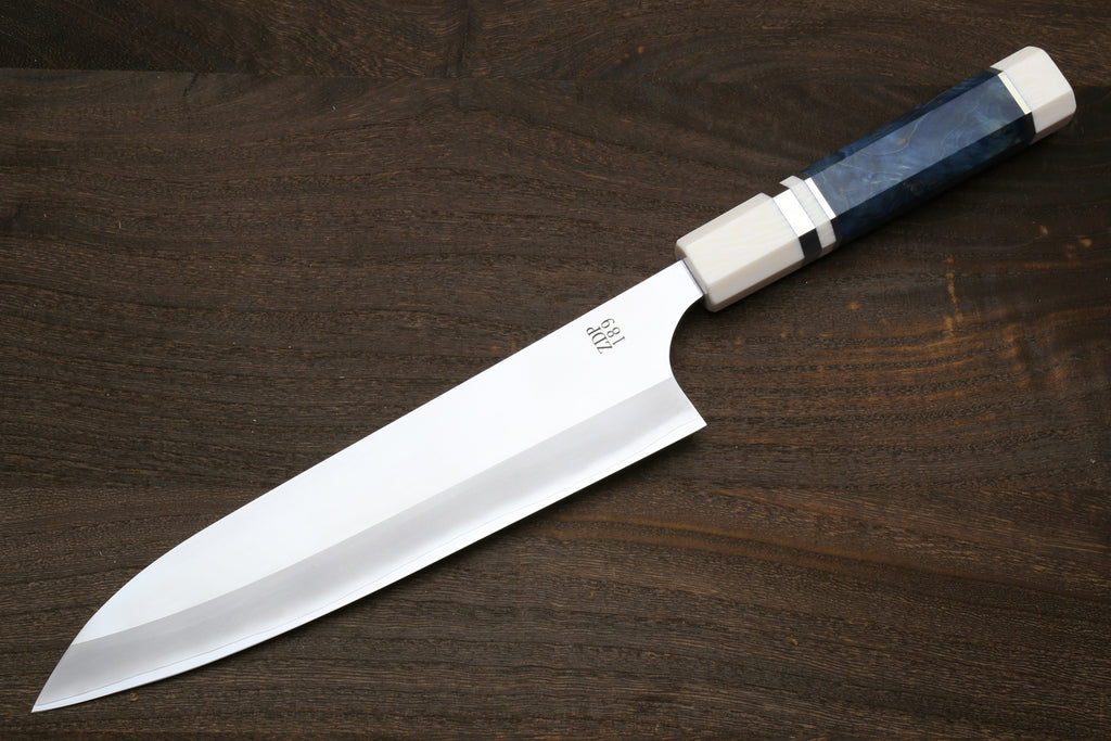 Stainless gyuto chef knife with long straight edge, ocean blue handle, ivory bolster