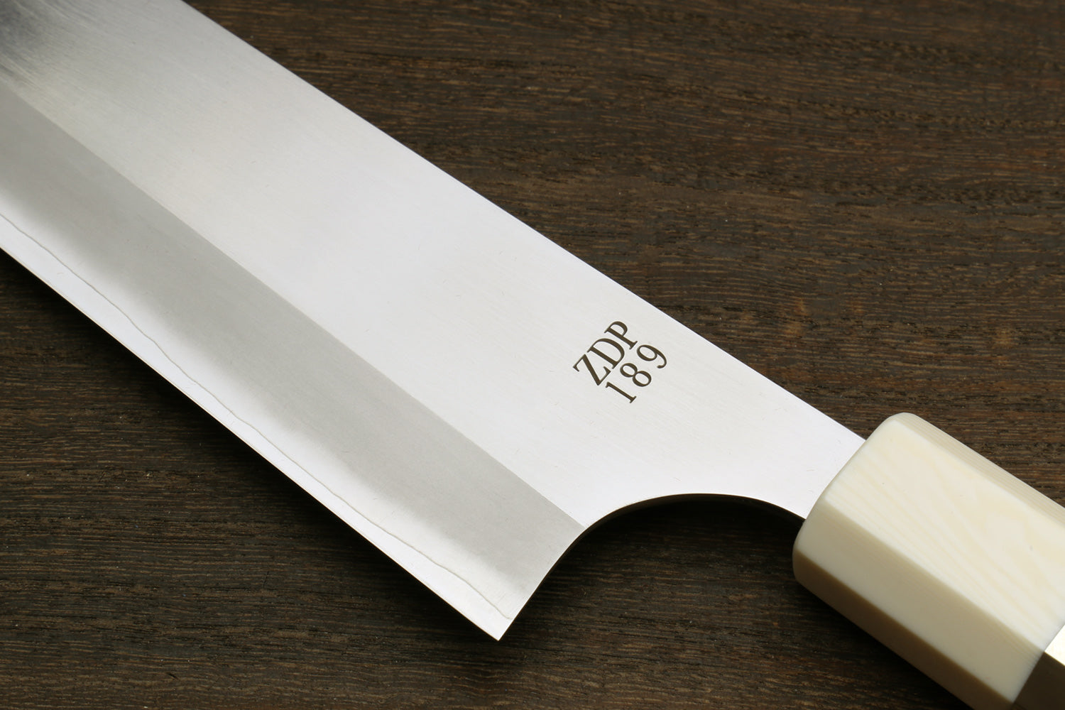 Gyuto chef knife blade showing ZDP-189 marking with ivory bolster over ocean blue handle