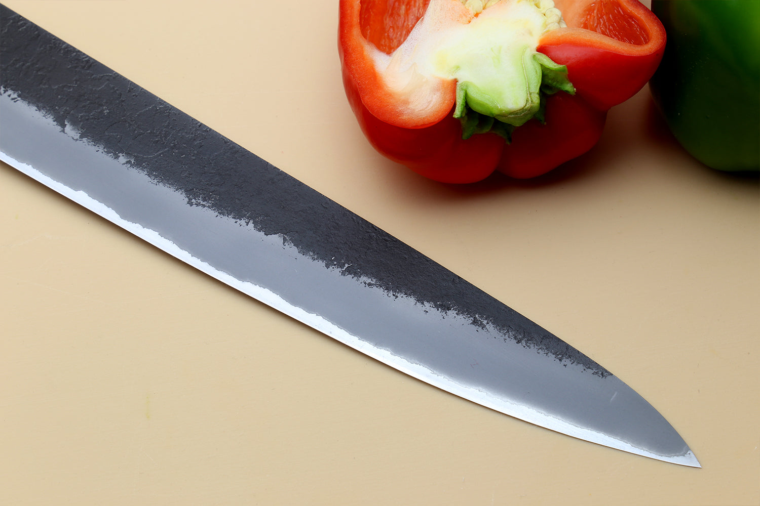 Sujihiki slicer knife long blade, blue steel finish with sharp pointed tip