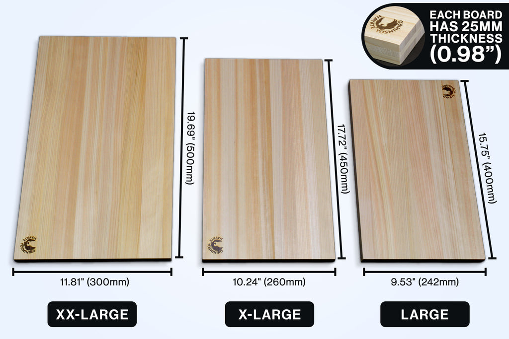 Cutting board size chart: 25mm thickness; XX-Large 300mm, X-Large 260mm, Large 240mm