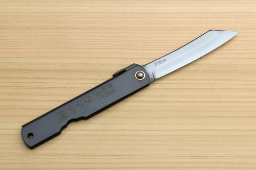Pocket knife with stainless blade and dark handle, round rivet detail