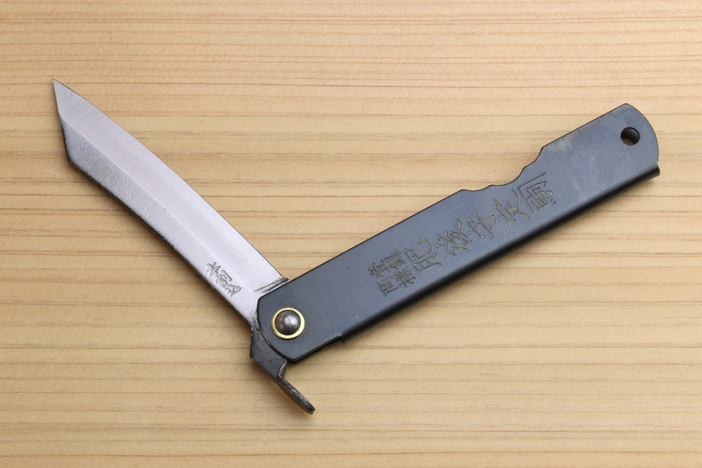 Pocket knife with stainless blade and dark handle, round rivet and notch