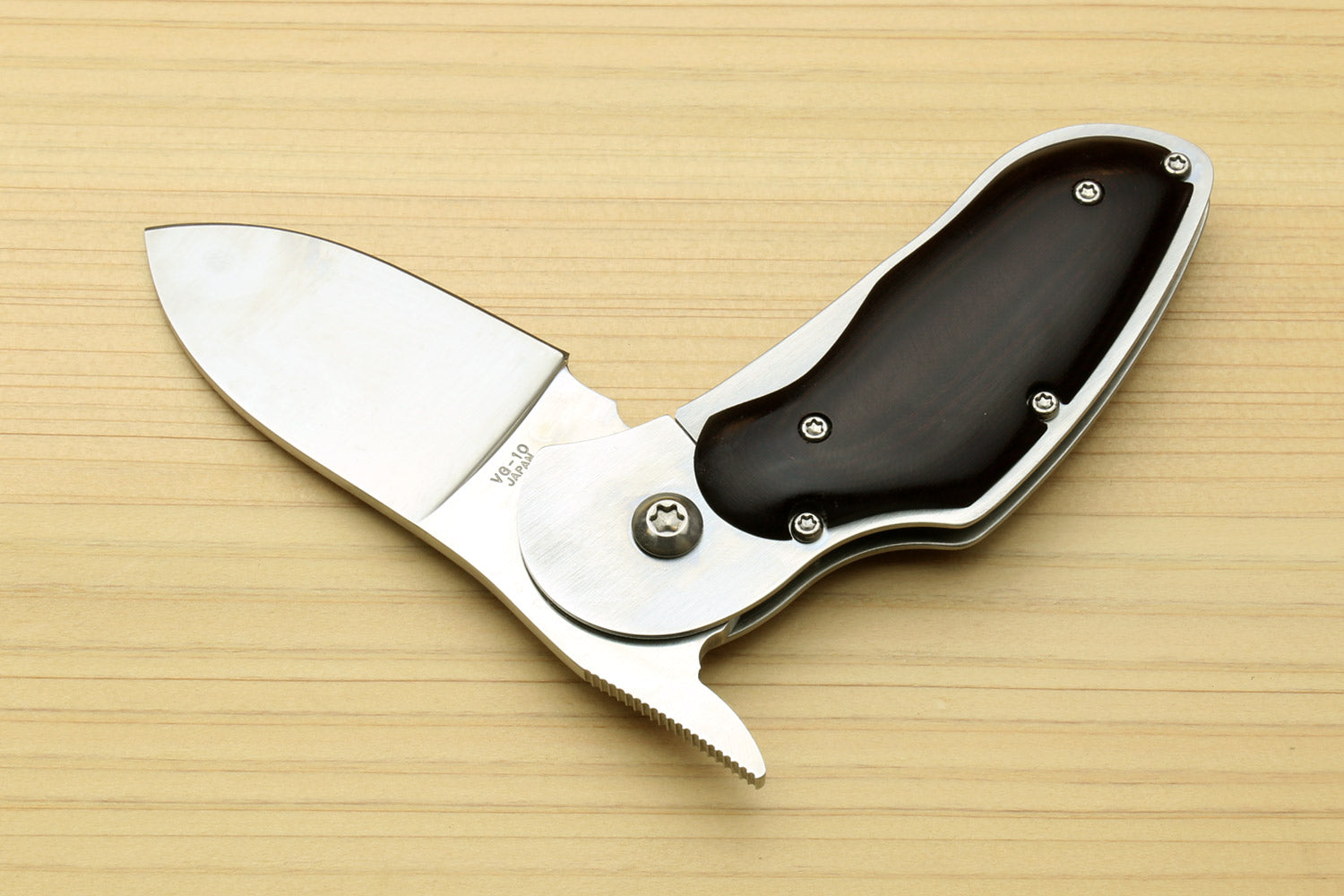 Stainless steel folding pocket knife with black handle and polished drop-point blade