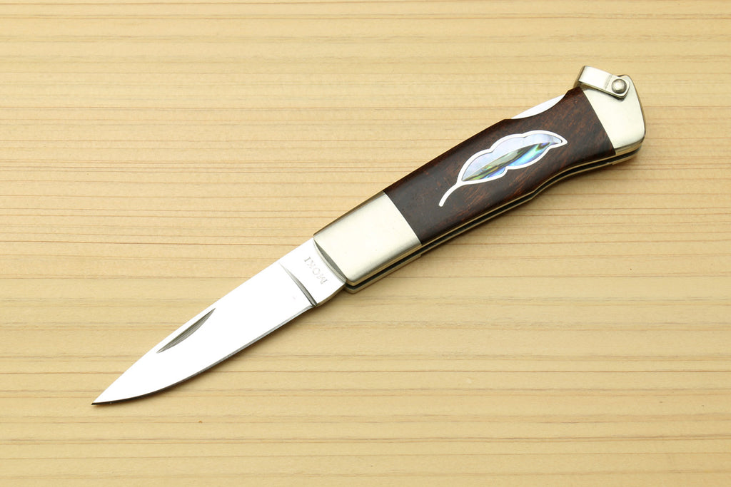 Lockback folding pocket knife with stainless blade and brown ironwood leaf inlay handle